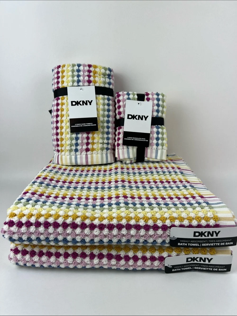 DKNY Bath Towel Set Multicolor Striped & Dot Bath Hand Wash Soft Cotton 8 Pc NEW
